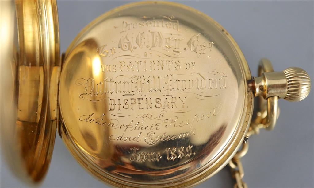 A Victorian 18ct gold open face keyless pocket watch by Mme Lind? 255 Oxford Circus Regent St.